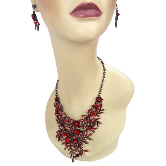Red Necklace BriLove Crystal Blossom Floral  Leaf Collar Matching Earrings Set - Picture 15 of 16